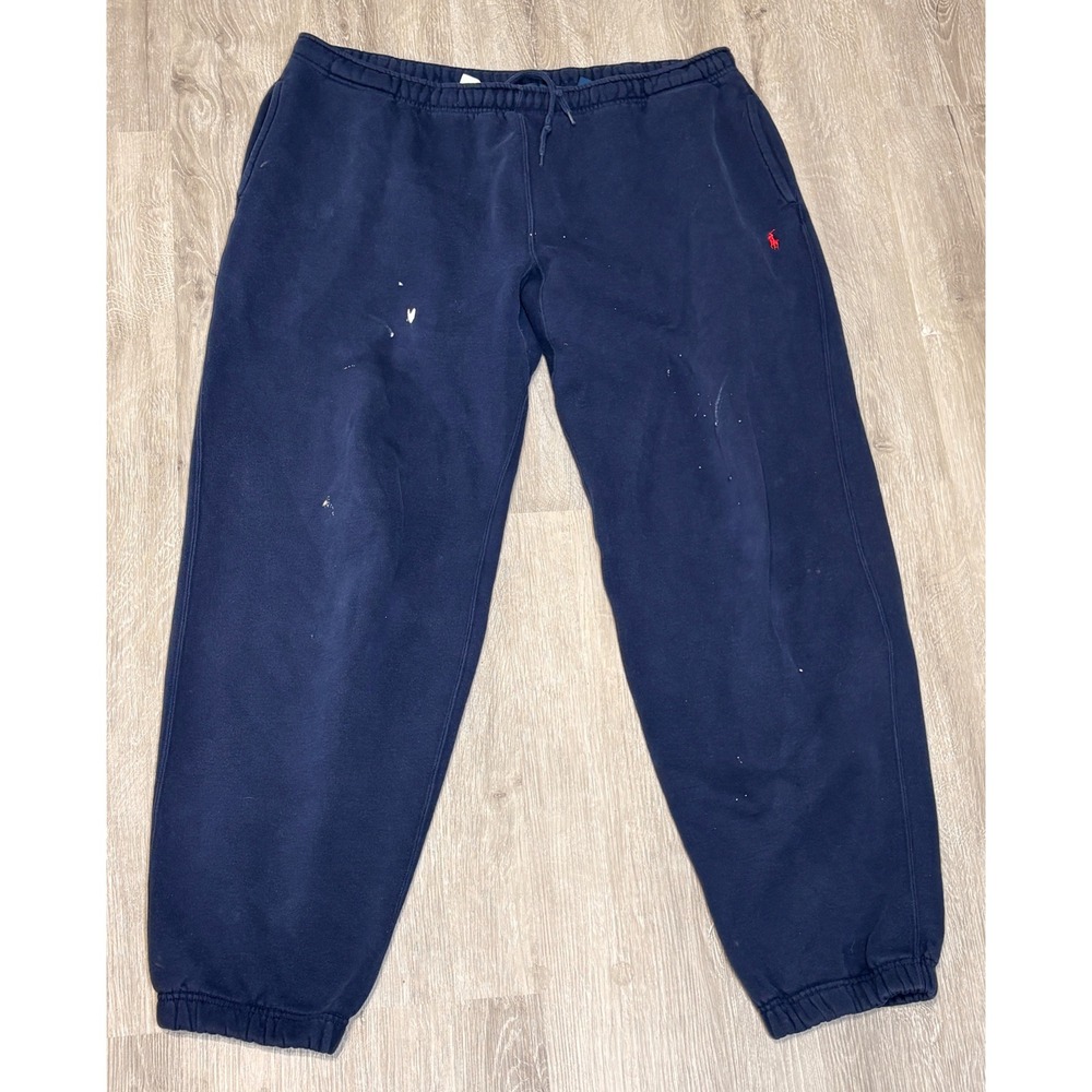 Vintage Polo Ralph Lauren Mens Sweatpants XL Navy Blue Distressed Paint Splatter